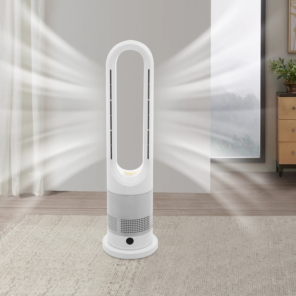 Ventilateur Colonne Sans Pales avec Chauffage Céramique 2 en 1, 220 V, Télécommande, 8 Vitesses, Oscillation 80°, Minuterie 9 H, Écran LED, Ventilateur Tour Silencieux pour Chambre, Salon, Bureau