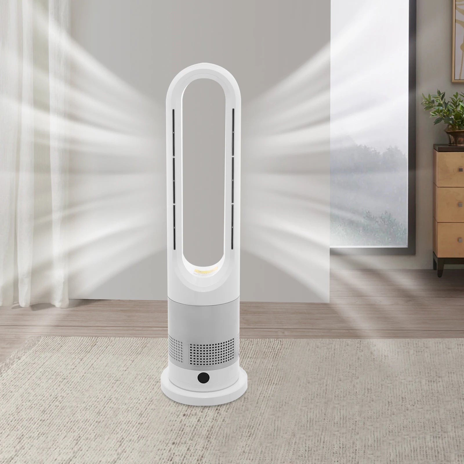 Ventilateur Colonne Sans Pales avec Chauffage Céramique 2 en 1, 220 V, Télécommande, 8 Vitesses, Oscillation 80°, Minuterie 9 H, Écran LED, Ventilateur Tour Silencieux pour Chambre, Salon, Bureau