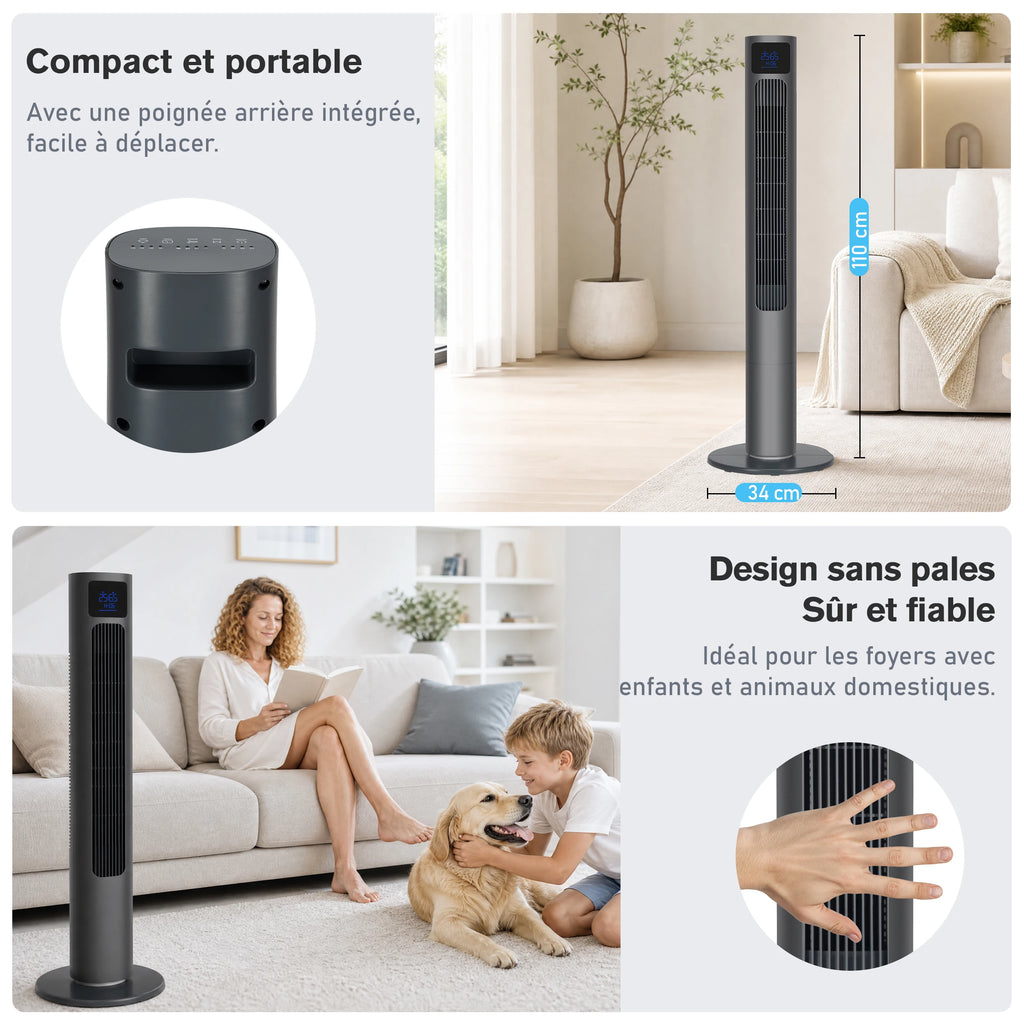 Ventilateur Colonne Sans Pales 50 W avec Télécommande, Écran LED et Oscillation