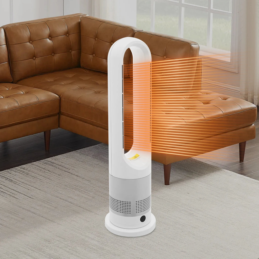 Ventilateur Colonne Sans Pales avec Chauffage Céramique 2 en 1, 220 V, Télécommande, 8 Vitesses, Oscillation 80°, Minuterie 9 H, Écran LED, Ventilateur Tour Silencieux pour Chambre, Salon, Bureau