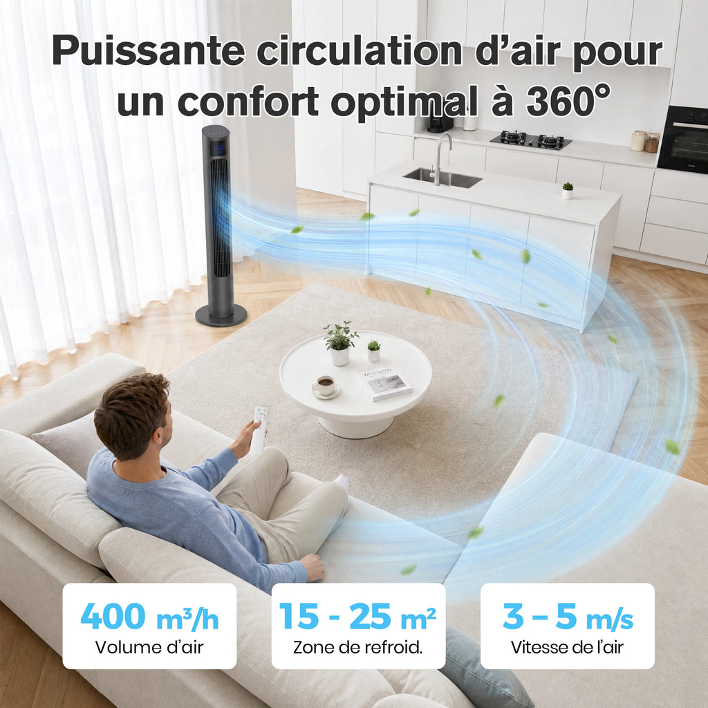 Ventilateur Colonne Sans Pales 50 W avec Télécommande, Écran LED et Oscillation