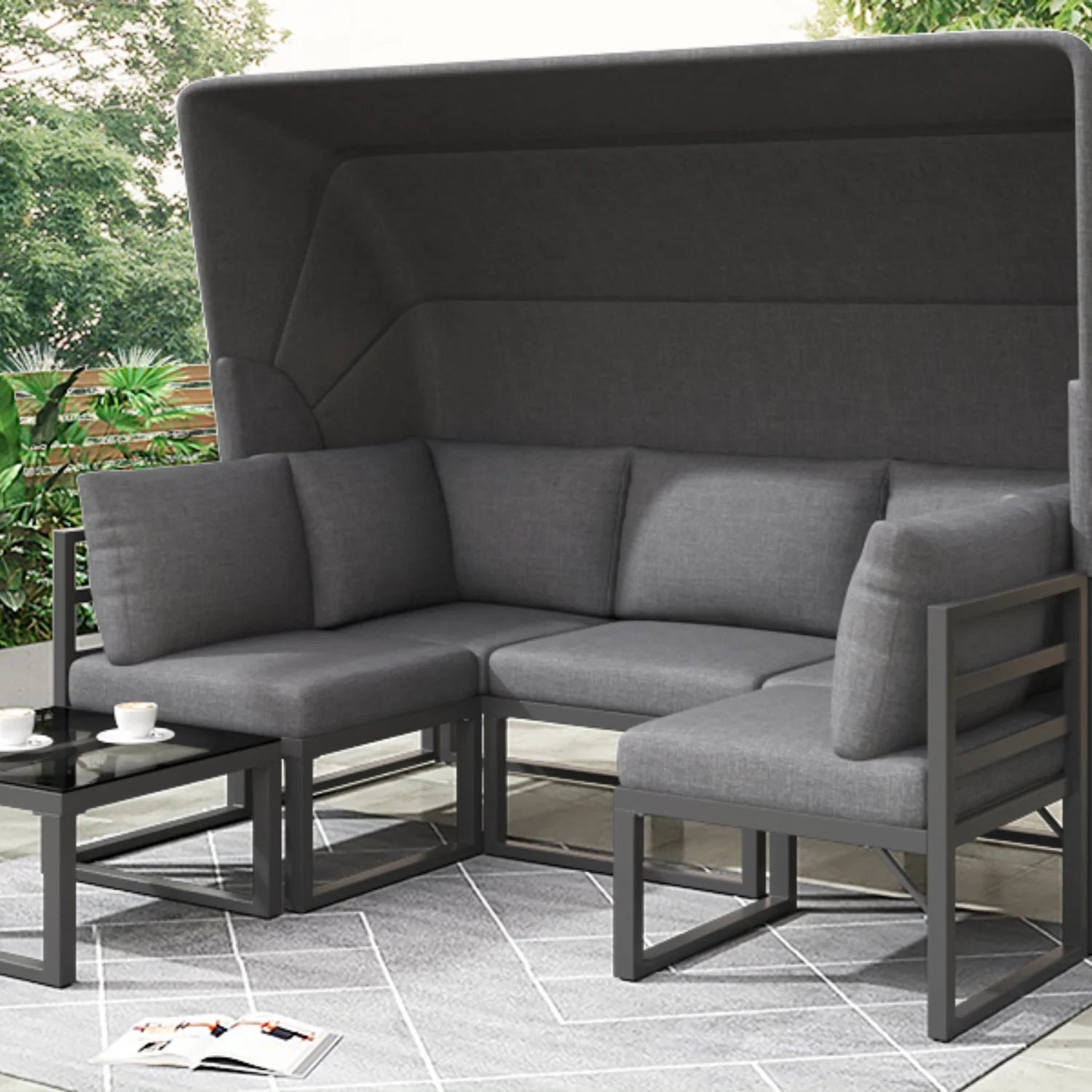 Salon de Jardin 4 Pièces avec Canapé, Fauteuils, Table Basse et Pare-Soleil
