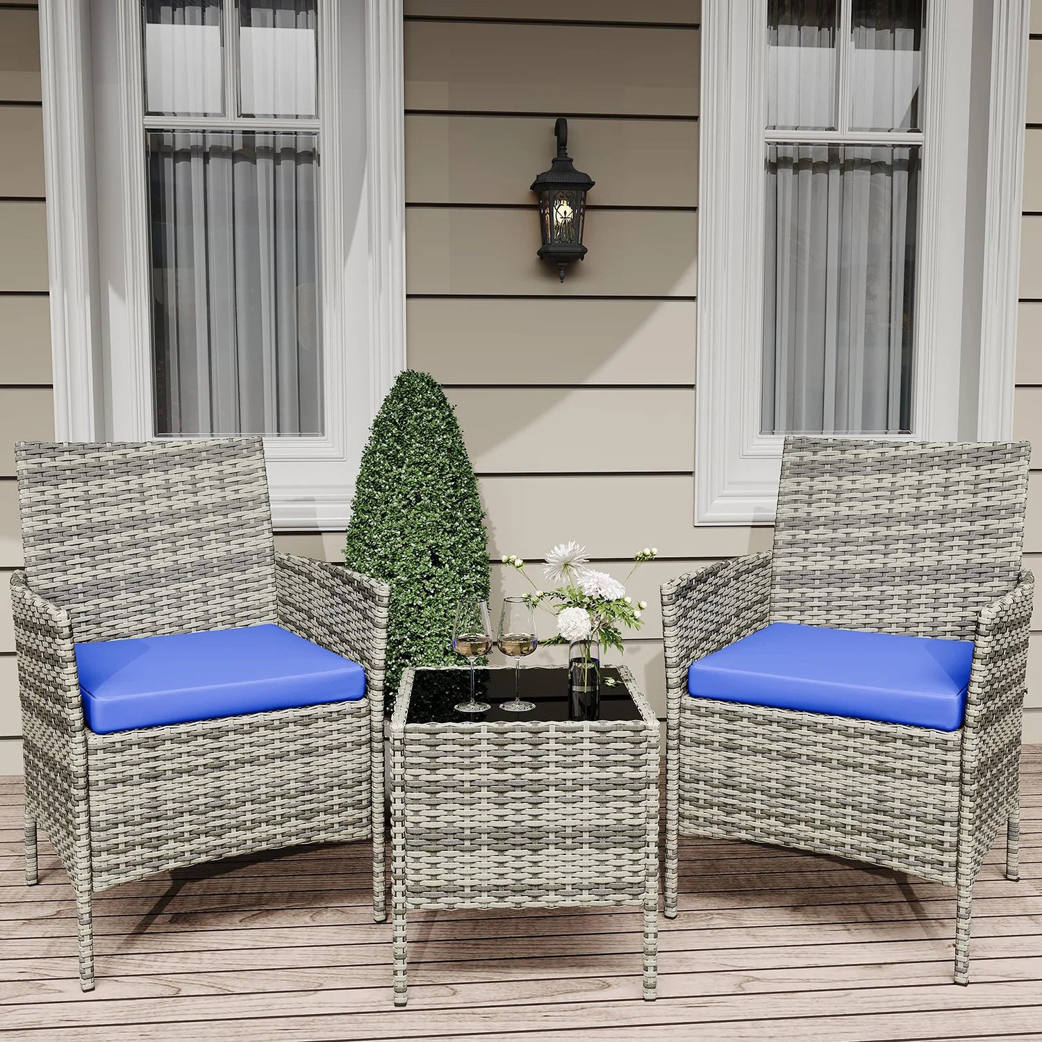 Salon de Jardin 4 Pièces avec Table Basse en Verre et Coussins Confortables