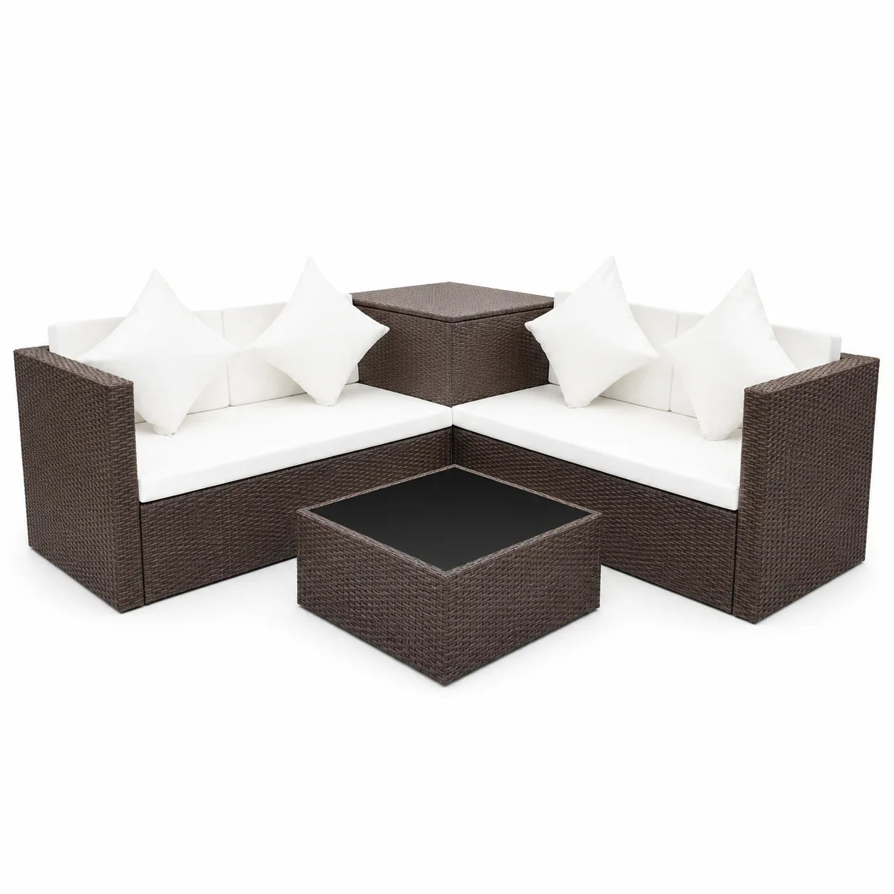 Salon de Jardin 4 Pièces en Résine Tressée avec Coffre de Rangement