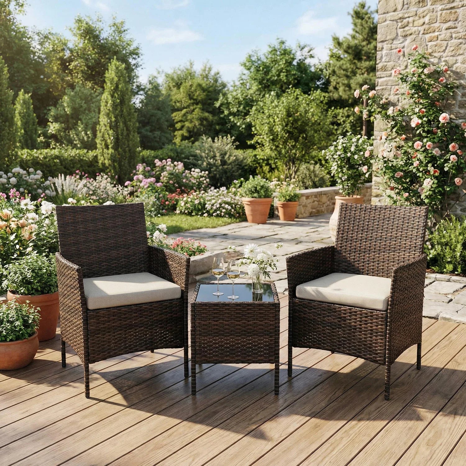 Salon de Jardin 4 Pièces avec Table Basse en Verre et Coussins Confortables
