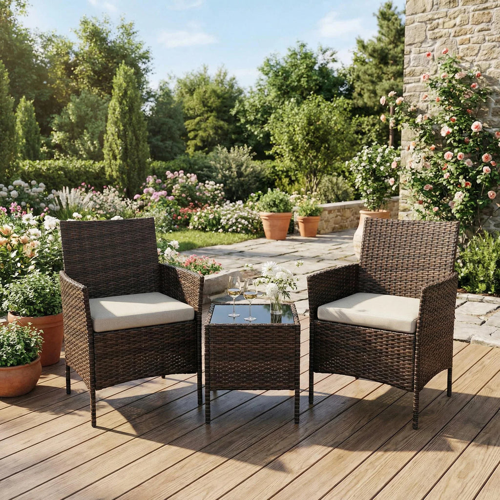 Salon de Jardin 4 Pièces avec Table Basse en Verre et Coussins Confortables