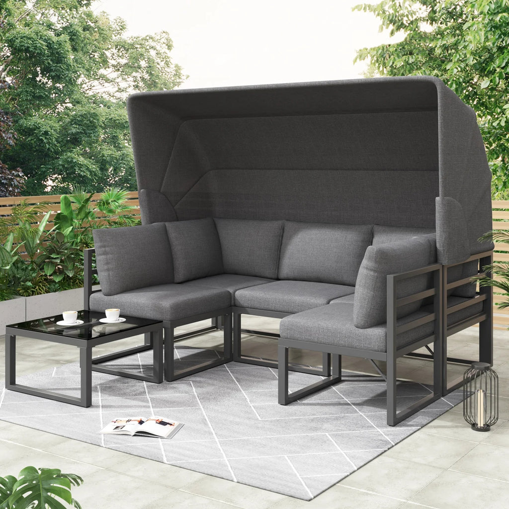 Salon de Jardin 4 Pièces avec Canapé, Fauteuils, Table Basse et Pare-Soleil