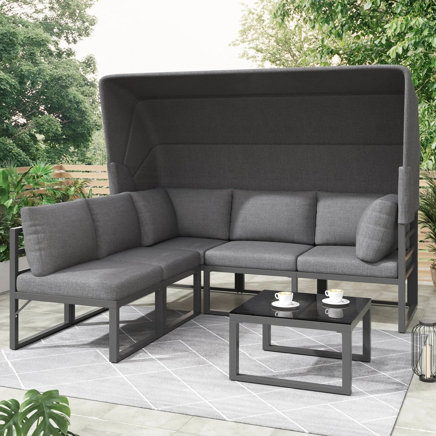 Salon de Jardin 4 Pièces avec Canapé, Fauteuils, Table Basse et Pare-Soleil