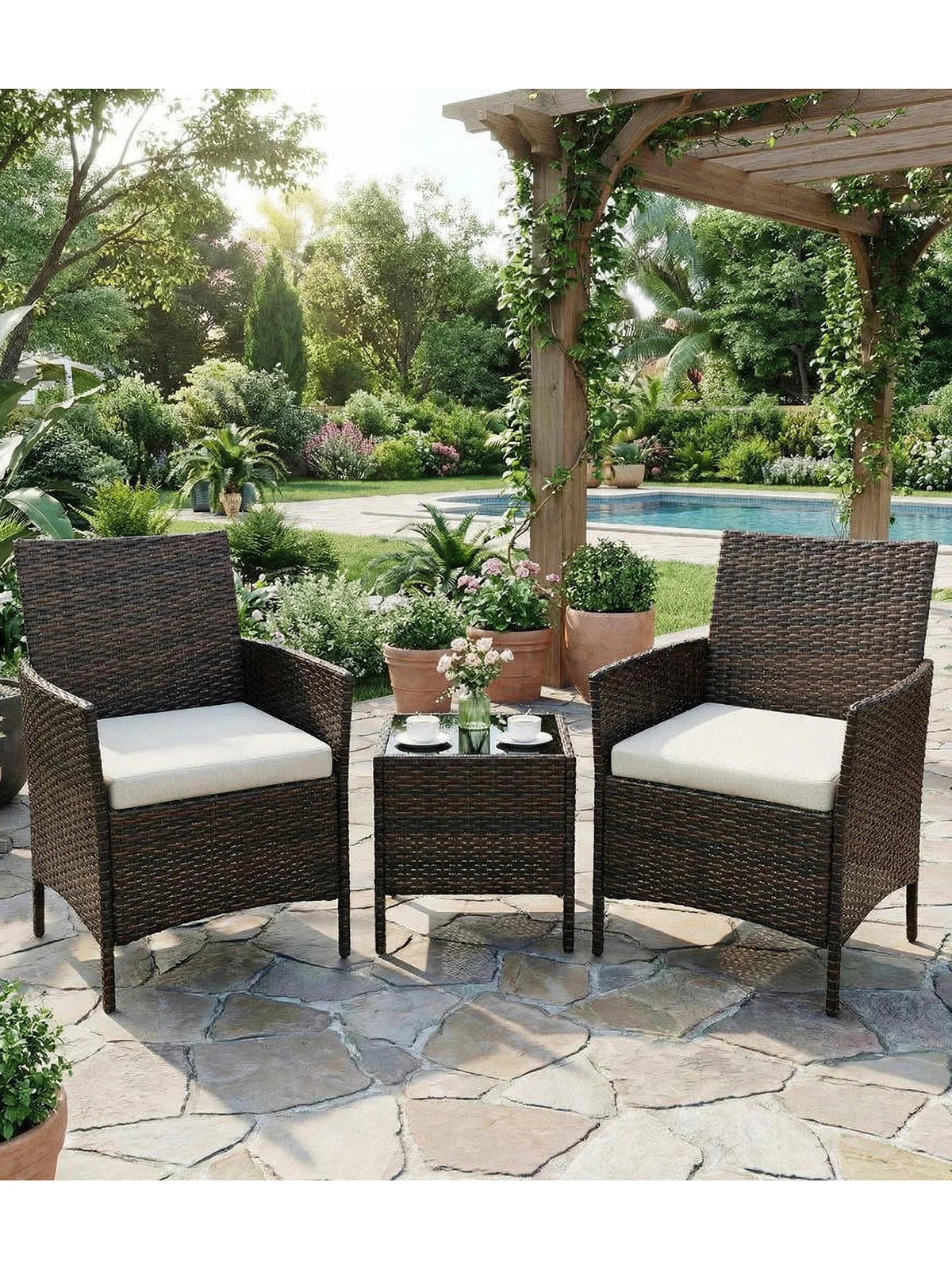 Salon de Jardin 4 Pièces avec Table Basse en Verre et Coussins Confortables
