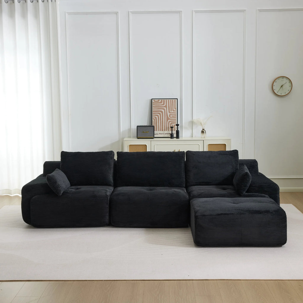 Canapé Modulaire Panoramique en Velours Côtelé – 4 Pièces avec Ottoman