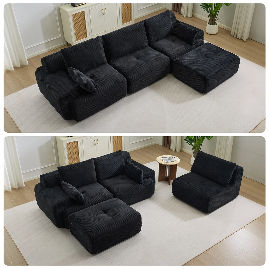 Canapé Modulaire Panoramique en Velours Côtelé – 4 Pièces avec Ottoman