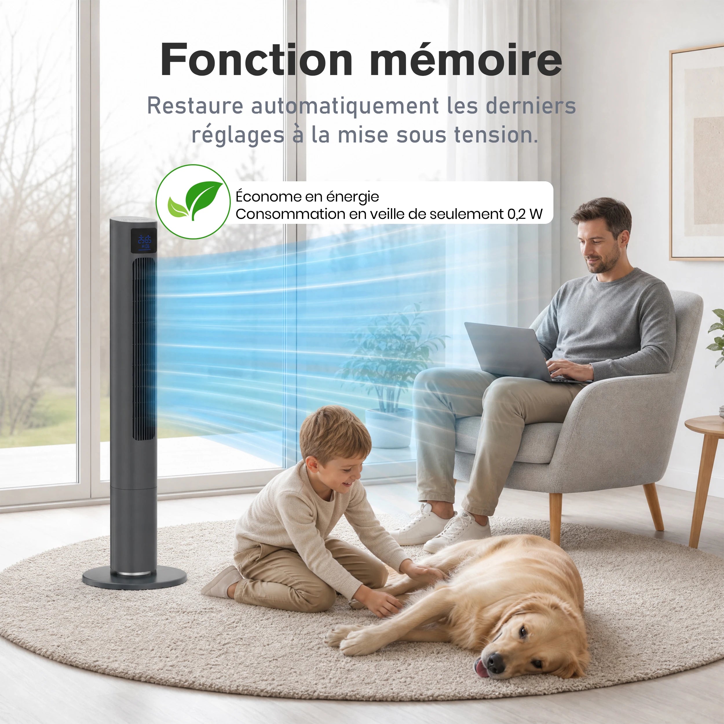 Ventilateur Colonne Sans Pales 50 W avec Télécommande, Écran LED et Oscillation