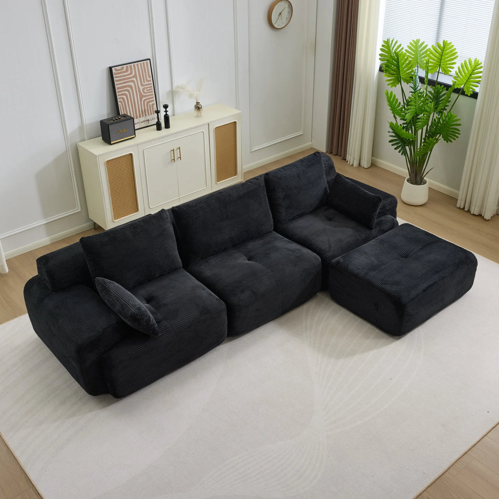Canapé Modulaire Panoramique en Velours Côtelé – 4 Pièces avec Ottoman