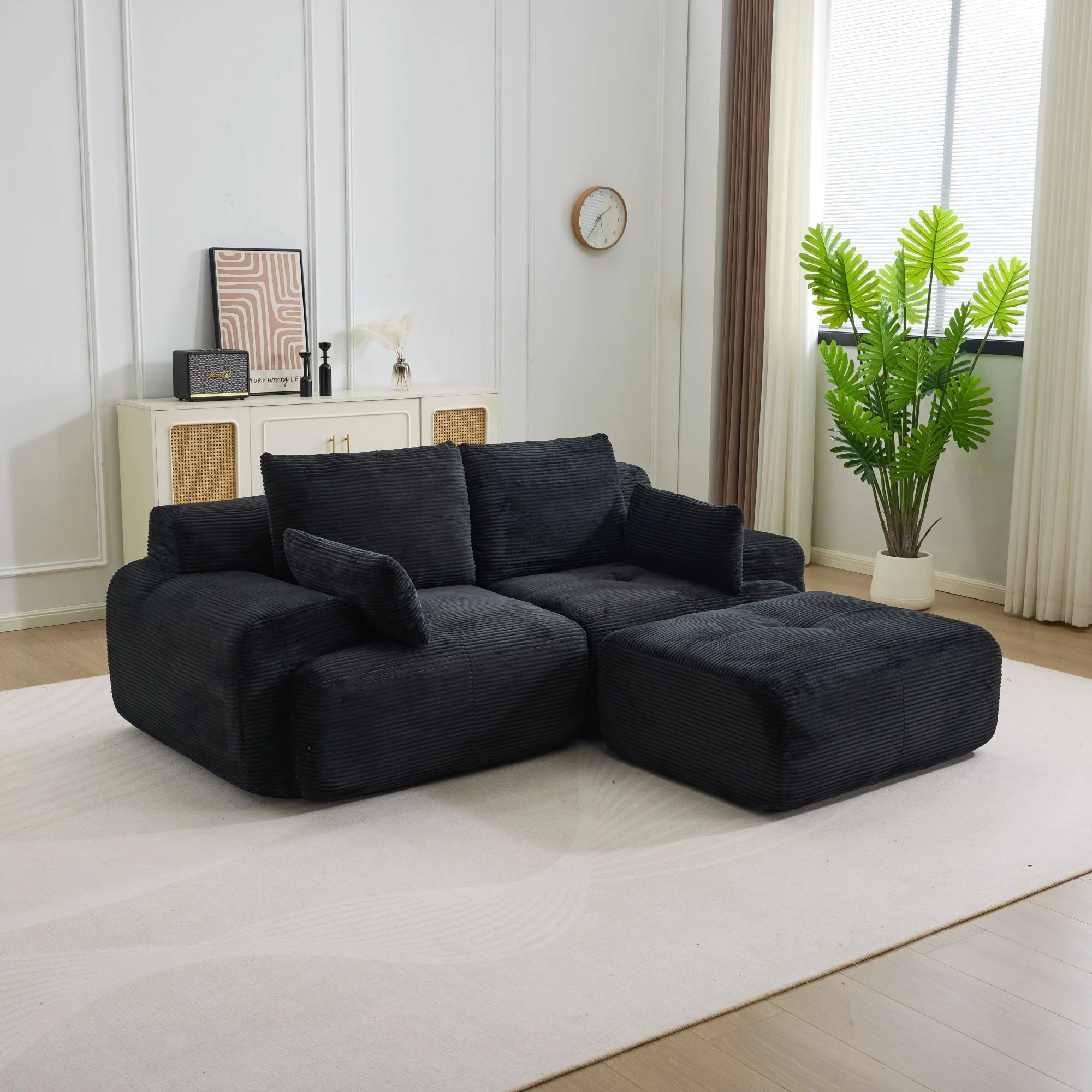 Canapé Modulaire Panoramique en Velours Côtelé – 4 Pièces avec Ottoman