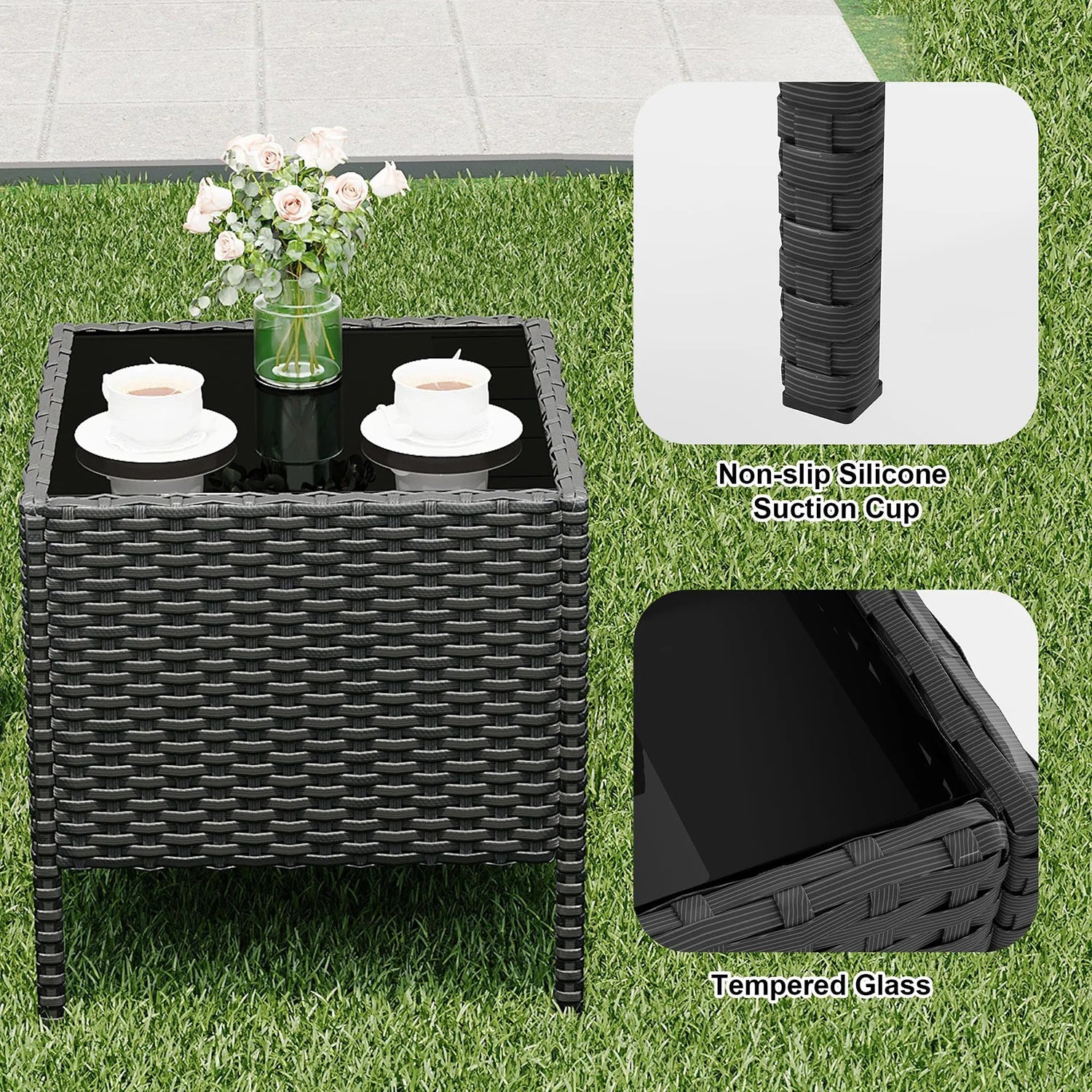 Salon de Jardin 4 Pièces avec Table Basse en Verre et Coussins Confortables