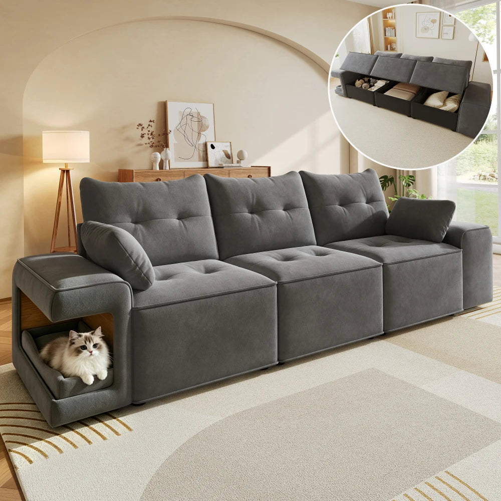 Canapé 3 places en velours avec niches pour animaux et rangement