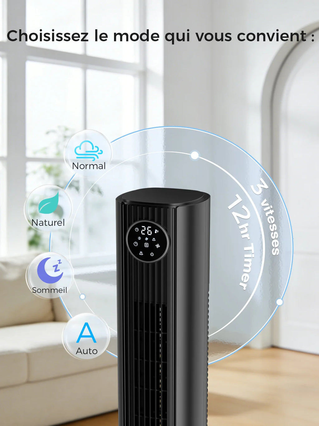 Ventilateur Colonne Sans Pales 80 cm avec Télécommande, Silencieux 28 dB, 3 Vitesses