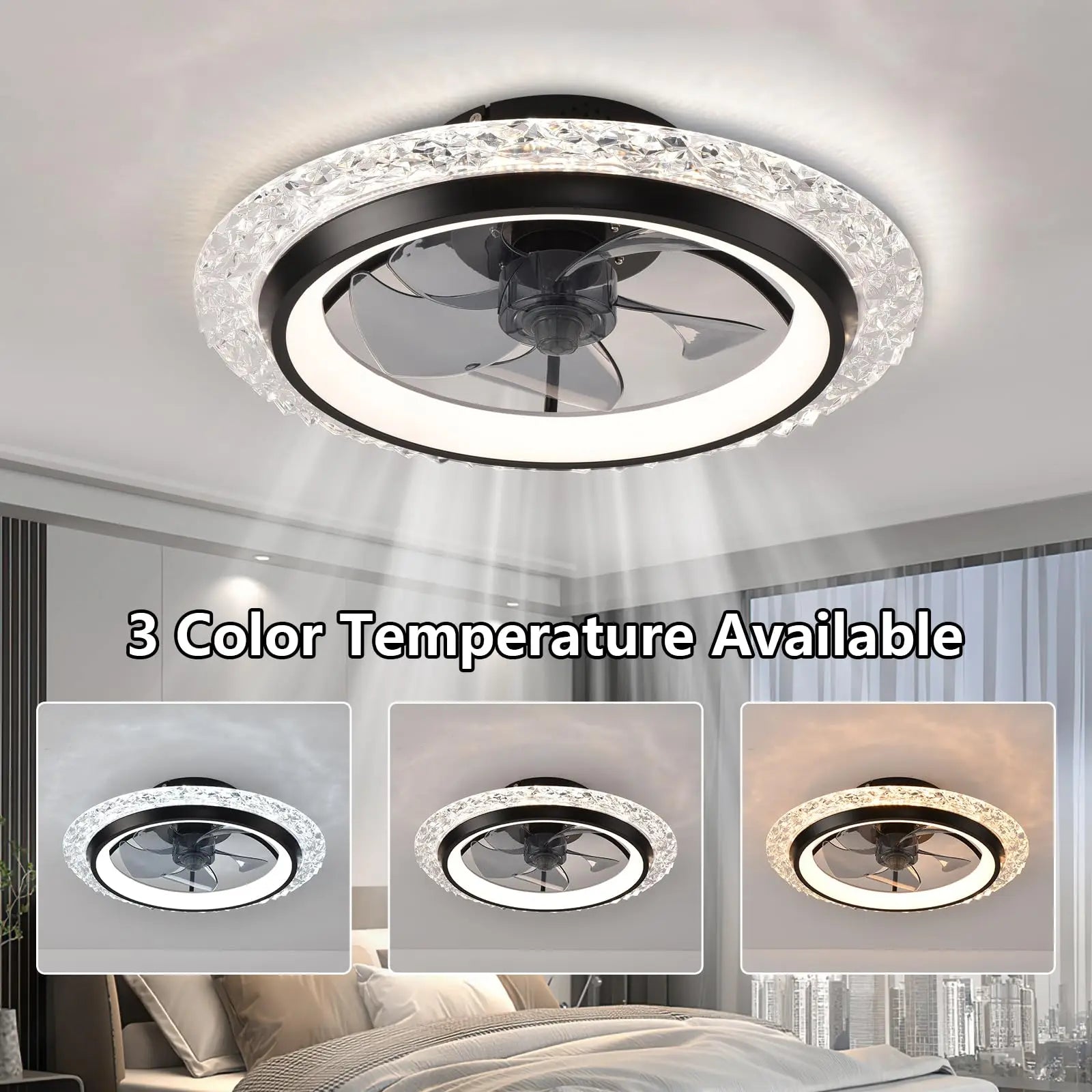 Ventilateur de Plafond LED avec Télécommande et Application – Moteur DC Silencieux, 6 Vitesses, Éclairage LED 3 Couleurs, Fonction Été/Hiver