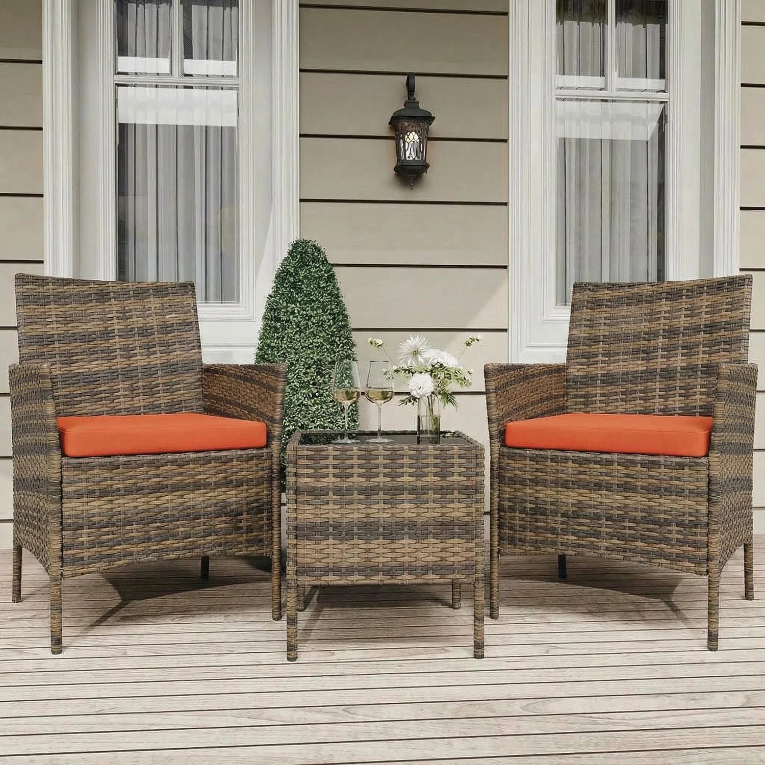 Salon de Jardin 4 Pièces avec Table Basse en Verre et Coussins Confortables