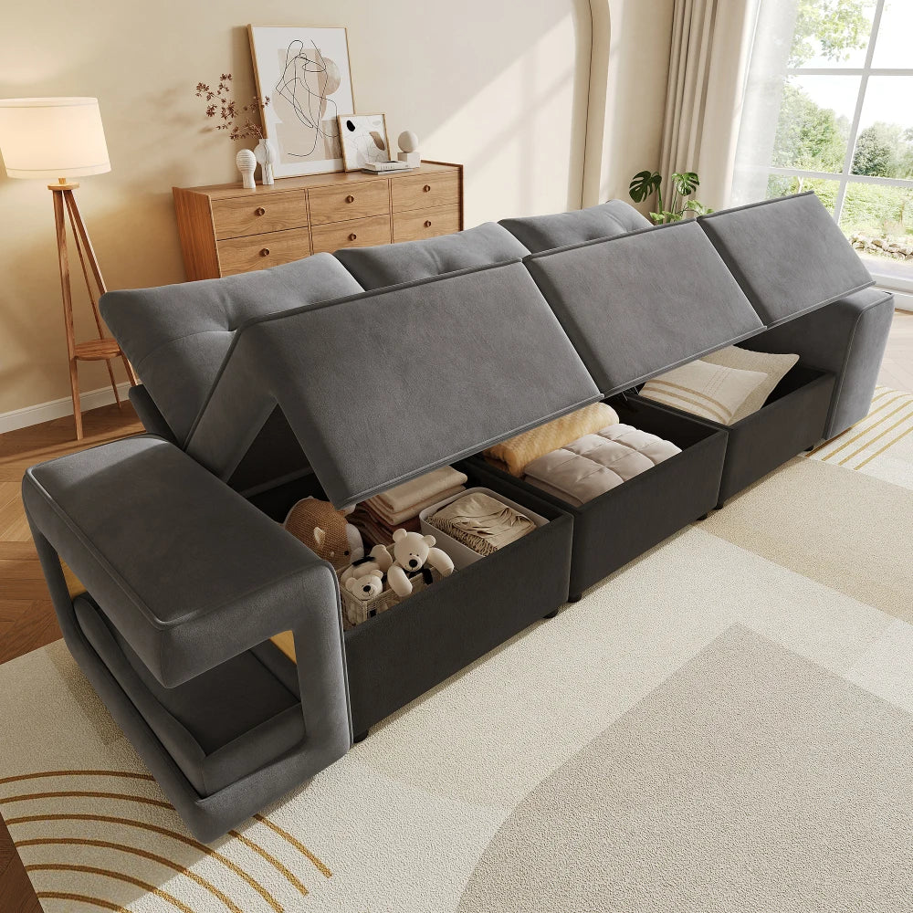 Canapé 3 places en velours avec niches pour animaux et rangement