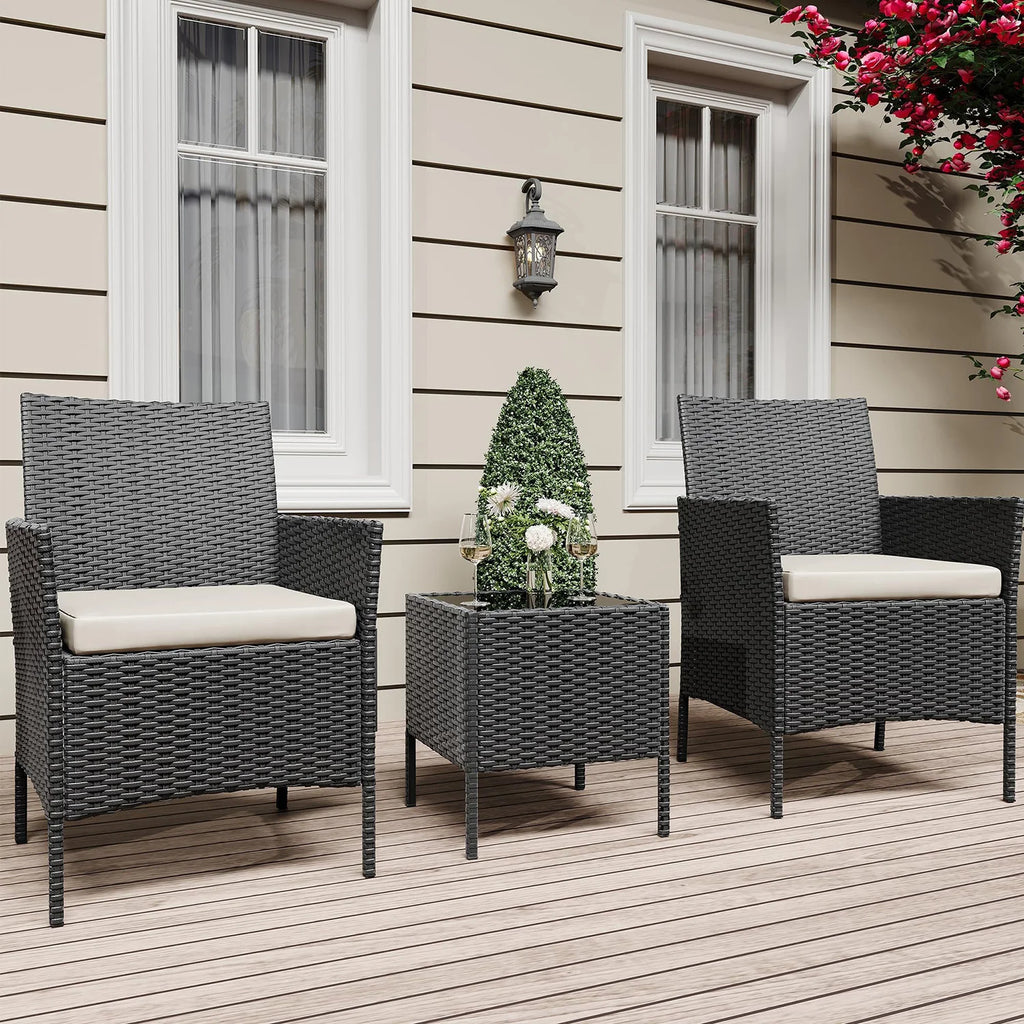 Salon de Jardin 4 Pièces avec Table Basse en Verre et Coussins Confortables