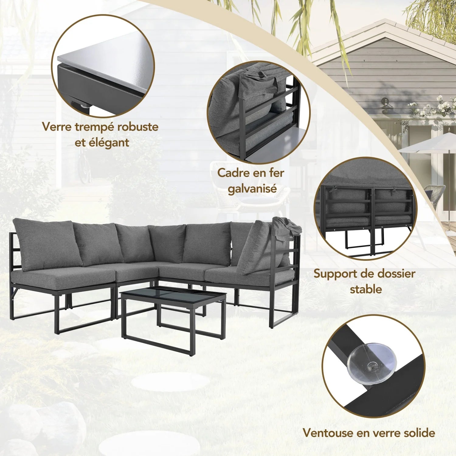 Salon de Jardin 4 Pièces avec Canapé, Fauteuils, Table Basse et Pare-Soleil