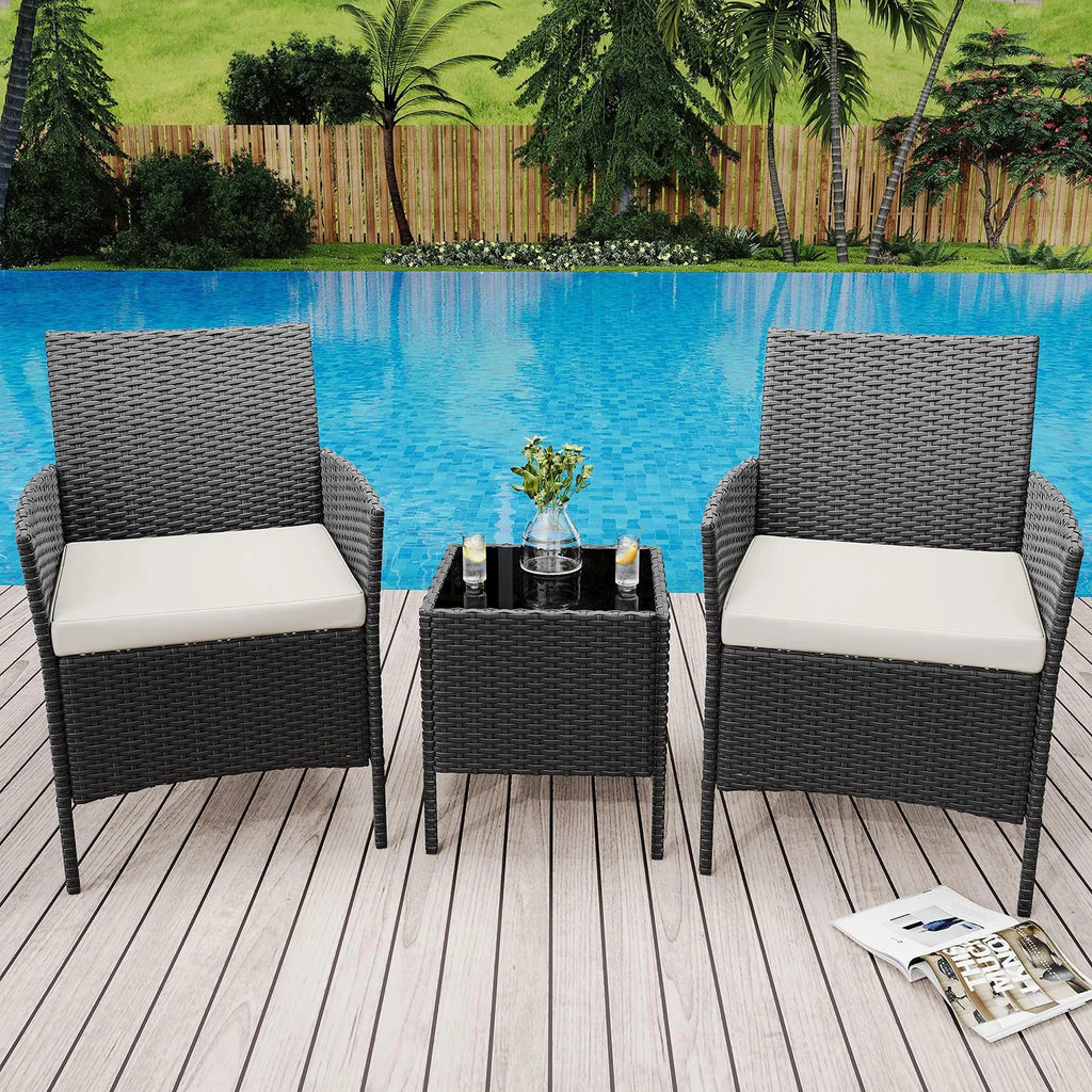 Salon de Jardin 4 Pièces avec Table Basse en Verre et Coussins Confortables