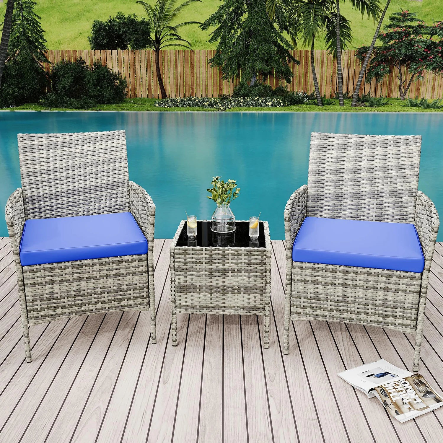 Salon de Jardin 4 Pièces avec Table Basse en Verre et Coussins Confortables