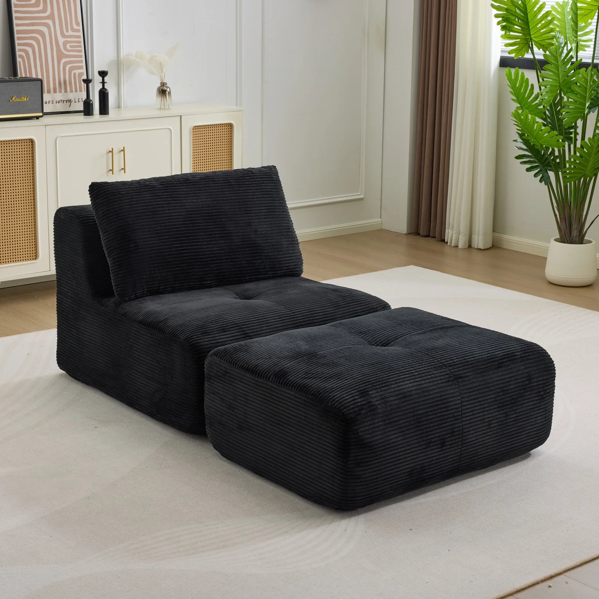 Canapé Modulaire Panoramique en Velours Côtelé – 4 Pièces avec Ottoman