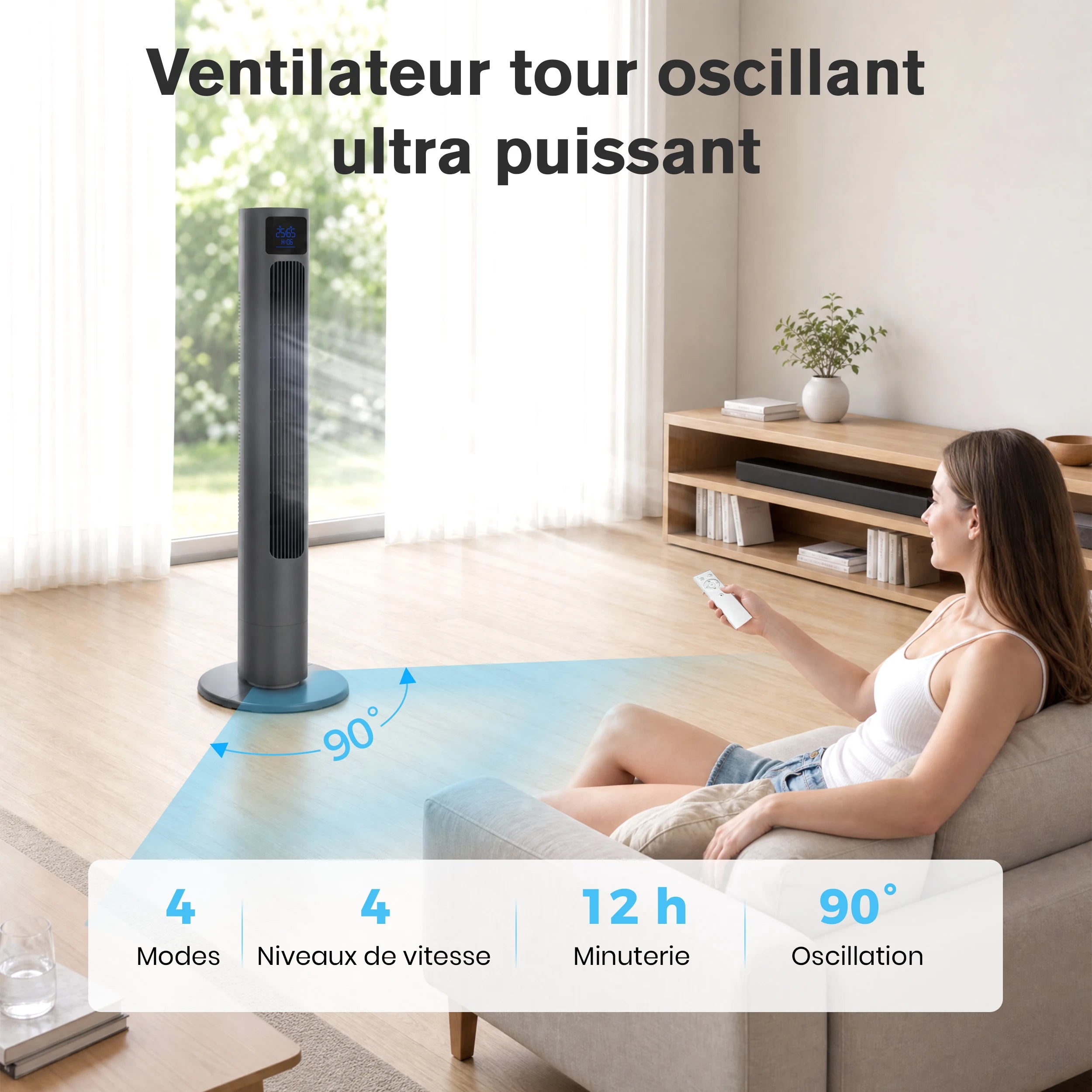 Ventilateur Colonne Sans Pales 50 W avec Télécommande, Écran LED et Oscillation