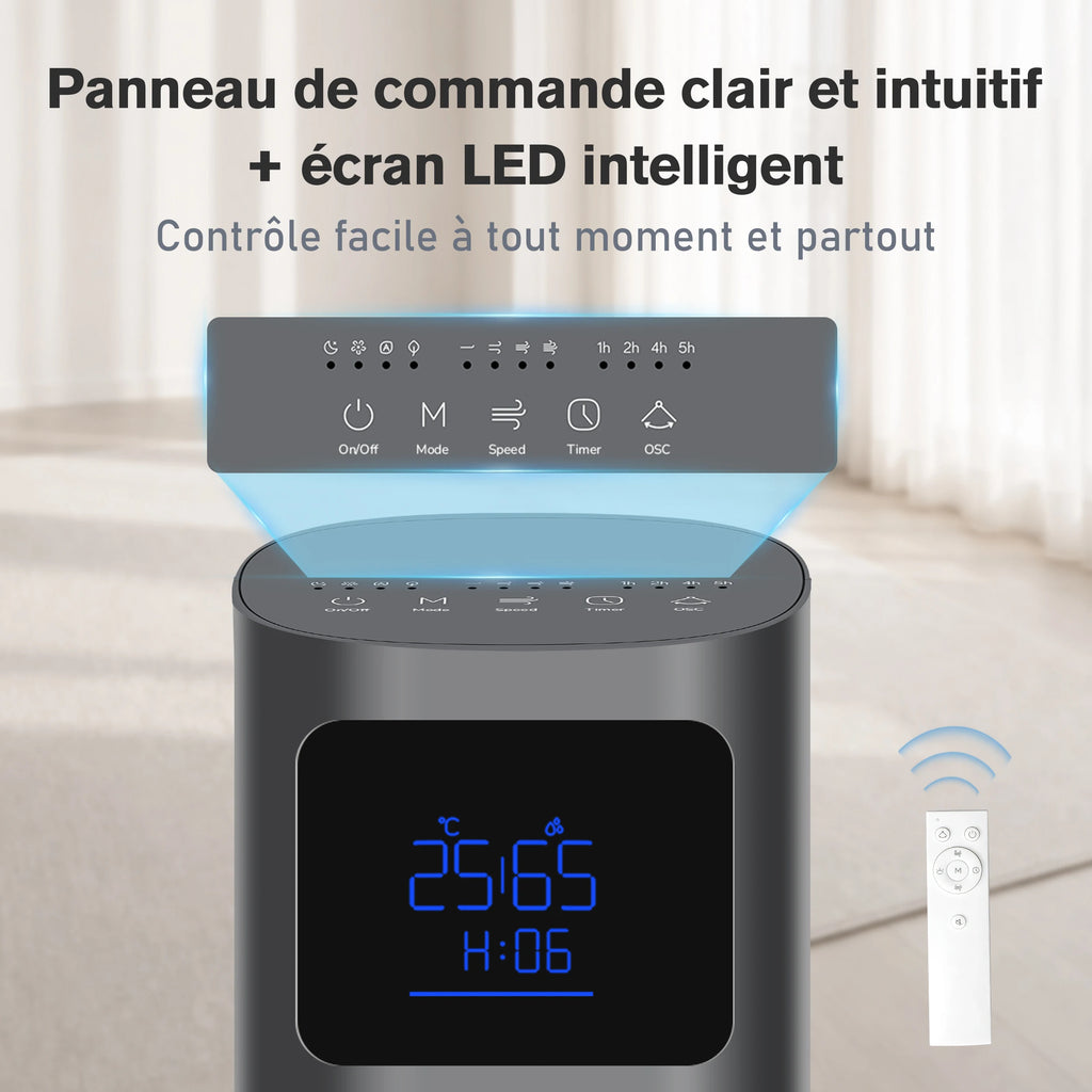 Ventilateur Colonne Sans Pales 50 W avec Télécommande, Écran LED et Oscillation