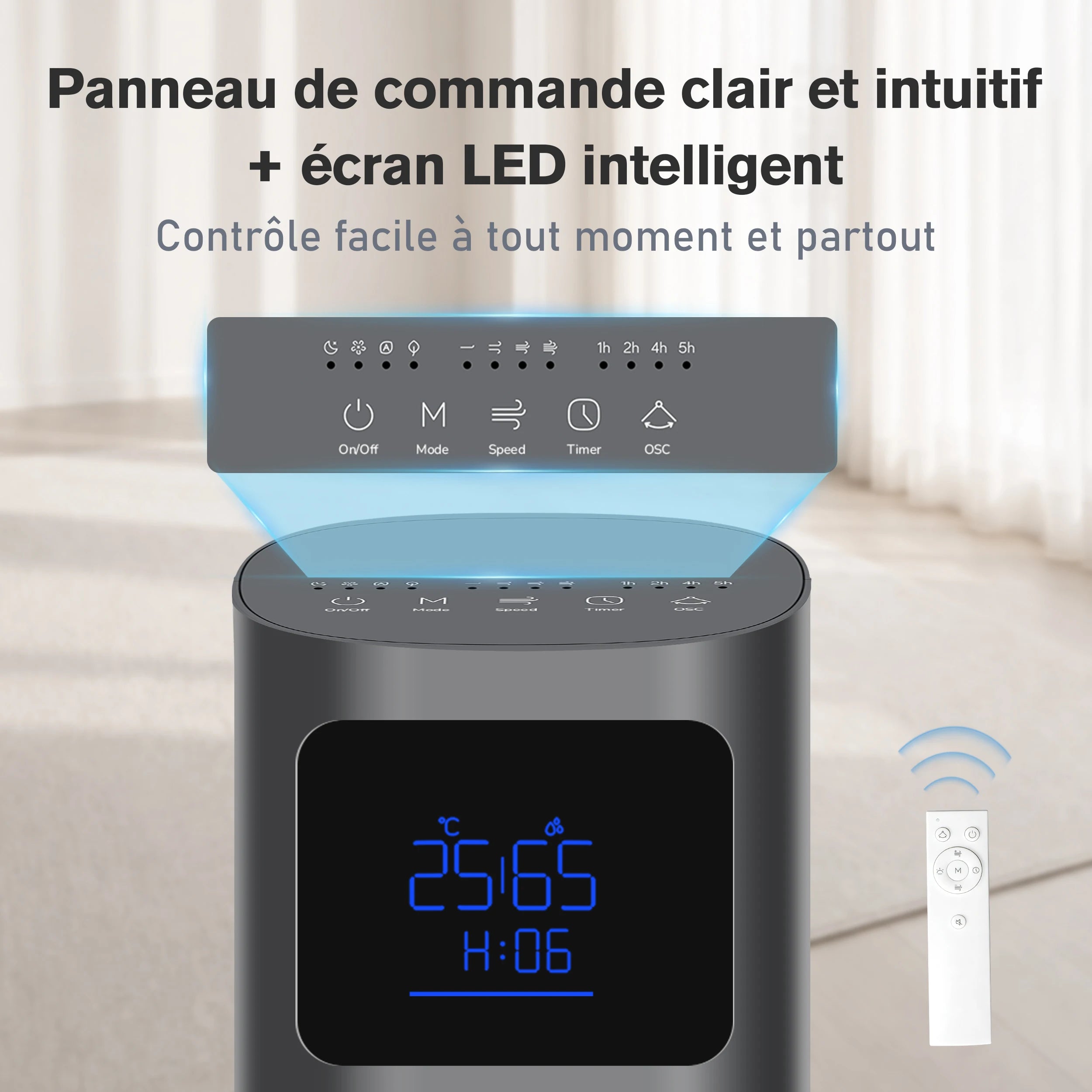 Ventilateur Colonne Sans Pales 50 W avec Télécommande, Écran LED et Oscillation
