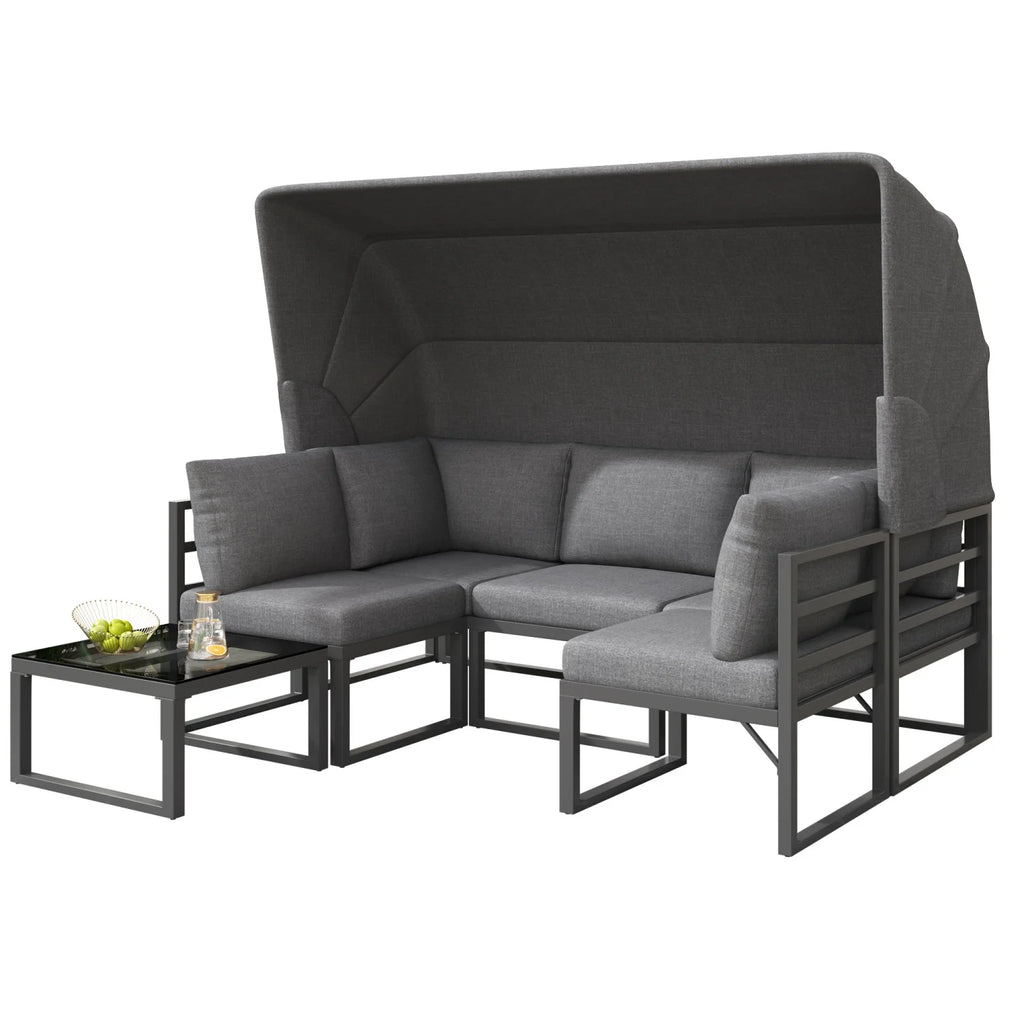 Salon de Jardin 4 Pièces avec Canapé, Fauteuils, Table Basse et Pare-Soleil