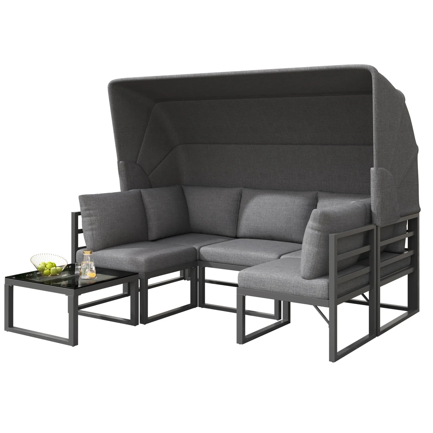 Salon de Jardin 4 Pièces avec Canapé, Fauteuils, Table Basse et Pare-Soleil