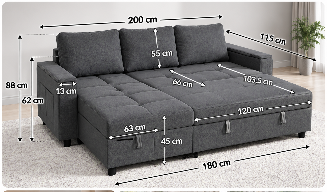 Canapé d'angle 3 places convertible avec coffre de rangement